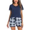 Litherday Pigiama Donna Estivo Cotone Due Pezzi con Maglia V-Neck Tinta Unita e Shorts Stampati Morbido e Traspirante per Casa Taglie Blu-Scozzesi S