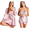 Laura in - Set di 5 Pigiami in Seta Raso con Pizzo Ricamato, Pigiama Biancheria da Notte da Donna, Vestito Kimono, Camicia da Notte, Top, Pantaloncini e Pantaloni Lunghi. RosaS/M1108