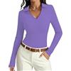 Aottori Polo Shirt Donna Manica Lunga Slim Fit Maglia Scollo a V Sexy Basic Tops Elasticizzata Maglietta Tinta Unita Casual Elegante Viola XS