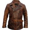 AKSAH FASHION Giacca da uomo vintage con cerniera incrociata e cintura, stile motociclista 3/4, marrone, in pelle invecchiata