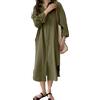 amropi Donna Maxi Bottoni Abito Camicia Sciolto Manica Lunga Camicetta Scollo a V Casual Chemisier con Cintura Verde Militare, XXL
