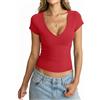 Tomwell Maglietta da donna con scollo a V profondo, a maniche corte, sexy, slim fit, crop top, maglietta basic Going Out, Colore: rosso, XS