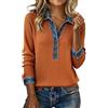 Generic Maglione da donna con colletto alla coreana, a maniche lunghe, in maglia a costine, 2 in 1, con dettaglio patchwork in denim, maglietta polo in maglia a manica lunga, per primavera, elegante e casual