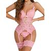 EVELIFE Set lingerie da donna, sexy body in pizzo con maniche per le cosce, biancheria intima, Teddy-Babydolls con stecche per le cosce e sospensione, senza calze, rosa chiaro, M