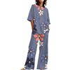 Generic Pigiama da donna alto 2 cotone lino set magliette oversize gamba dritta pantaloni plus size tuta donna manica lunga pigiama set, Viola, 4XL