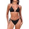 Svanco Costume Donna Due Pezzi Triangolo Bikini Imbottito con Collo Sospeso, Perle d'oro e Cordino Regolabile - Ideale per Mare
