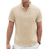 Xnova Camicia Lino Uomo in Cotone Camicia Uomo Maniche Corte Estate Henley Senza Collo Leggera e Fresca per Spiaggia e Stile Casual Taglio Camicie con Collo Button-Down Regolare, Khaki, S