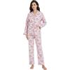 GLOBAL Pigiama Donna Flanella Cotone Maniche Lunghe Due Pezzi Camicie da Notte Pjs Confortevole Sleepwear Caldo Morbido Fiori Rosa L