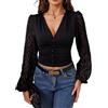 LCDIUDIU Top Corto Aderente Ed Elegante con Scollo A V, Scollatura Profonda in Pizzo, T Shirt Nera Trasparente in Rete con Maniche A Sbuffo, Bottoni E Arricciature, per Appuntamenti Quotidiani E FES