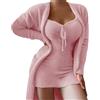 Edelaura Set Pigiama Donna 2 Pezzi Monocromatico in Pile Cardigan Lungo e Ampio a Maniche Lunghe con Tasche Minigonna Slim con Scollo a V Abbigliamento Caldo Invernale per Il Tempo Libero