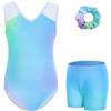 Gogokids Set da ginnastica con scollo a V, set da 3 pezzi, per bambini, per ginnastica, leotard, per bambini, con pantaloncini e elastici per capelli, per balletto, yoga e spettacoli, età 3-12