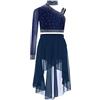 inhzoy Abito da Pattinaggio Artistico Bambina Vestito da Balletto Ballo Lirico Contemporaneo Monospalla Crop Top da Ginnastica Monospalla + Gonna Costume da Ballo Latino Blu Scuro 11-12 Anni
