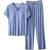 Generic Pigiama Donna Estivo Cotone Manica Corta Lungo da Donna Set 2 Set Coordinato Top a Maniche Corte e Pantaloni con Sottoveste Donna Pigiama Cotone Leggero Donna (Blue, XXL)