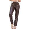Generic Pantaloni in pelle nera 7 pantaloni business donna in ecopelle con vita alta e gamba dritta, vegana, marrone, XXL