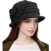 Sumolux Berretto da Donna Cappello Francese Vintage Floreale in Lana Cloche Classico Cappello Invernale Anni '20, Colore: Nero., L