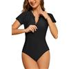 SHEKINI Donna Manica Corta Rash Guard Protezione Cerniera Surf Costume Intero, Nero, XL
