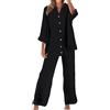 Meaunzyl Completo Donna Elegante Casual Cotone E Lino Pantalone Lungo Estivo Tuta Elegante Tinta Unita Larghi Camicia + Pantaloni Palestra Curvy Set Due Pezzi Comodo Primavera Maniche 3/4 Set Spiaggia