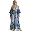 Generisch Vestaglia da donna lunga raso, kimono con fiori, in seta, accappatoio da damigella d'onore, accappatoio in seta, comoda copertura, casual, estivo, abbigliamento da caftano, O celeste, XS