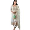 Sambhav Quilt Hub Set da donna in seta chinon festiva con Kurta dritto ricamato con pantaloni e misto seta stampato Dupatta Set, Bianco, M