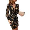 Qichenx Vestito Donna Manica Lunga Autunno/Primavera Abito Donna Leopardato/Floreale Vestito Donna Sexy Scollo a V Manica Lunga Vestito Donna Elegante Abito Donna A-Line