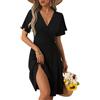 LIAMERHE Abito Estivo Donna Scollo a V Vestito a Portafoglio Manica Corta Floreale Abiti al Ginocchio Elegante per Cerimonia Invitata Matrimonio Spiaggia Vacanza Casual Boho Chic Nero S