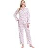 GLOBAL Pigiama Donna 100% Cotone Pigiami Due Pezzi da Donna Camicia da Notte Maniche Lunghe e Pantaloni Sleepwear con Bottoni per Tutte Le Stagioni Fiore Rosa L