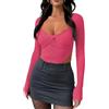 Rongseng Donna Maglietta a Maniche Lunghe Y2k Crop Top Sexy Slim T Shirt con Colletto a Cuore Camicette Eleganti Elasticizzato Cropped Knit Tops Carini Pullover Moda Casual Club Streetwear