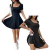 Generic Abito da tennis da donna con scollo quadrato, maniche corte, pantaloncini integrati, svasato, mini abito basic da tennis, golf, atletico, abiti corti, Nero , 3XL