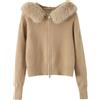 Roobeety Elegante cardigan da donna con collo di pelliccia, lussuosa giacca di lana con chiusura lampo, cardigan glamour in maglia fine per occasioni speciali, Stil#b03 Khaki, M