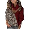 ShangSRS Maglione Donna Scollo a V Pullover Abbinamento dei Colori della Stampa Leopardata Manica Lunga Autunnale Invernali Lavorato a Maglia Moda Sciarpa Sciolta Ritaglio Tops (L, Borgogna)