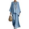 Gienslru 2 Pezzi Tuta Donna Complete Elegante Lino Estivo Boho Chic Top Kaftano Vintage e Pantaloni Gamba Larga Tute Curvy Completo Cerimonia Leggero Taglie Forti Spiaggia Vacanze Primaverile Set