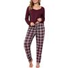 Vlazom Pigiama Donna Maniche Lunghe Pigiami Due Pezzi Scollo a V a Quadri | Colle a V elegante, top tinta unita abbinato a pantalone a quadri, tessuto caldo invernale, ideale per Natale