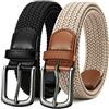 CHAOREN Set di Cintura Elastica Uomo, Cinta da Lavoro Uomo intrecciata senza Buchi 35mm, Adatto per Golf Casual e Jeans, Nero/Beige, 105cm (per vita 85-95cm / 32-35)