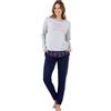 Viterbo Biancheria Pigiama Donna Caldo Cotone Interlock LWW00122 Manica Lunga Pantalone Lungo Autunno Inverno (Grigio Mel Chiaro/Blu, M)