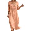 Generico Abito Lino Donna Abito Estivo a Maniche a 3/4 Boho Chic Abiti Vacanza Comodo Taglie Forti Vestito Lungo in Cotone Scollo a V Largo Vestiti da Spiaggia Tinta Unita Morbido e Traspiranti S-3XL