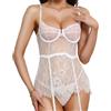 RSLOVE Set di lingerie da donna, sexy body in pizzo con ferretto con perizoma e reggicalze, bianco, S