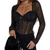 Sukiglam Body Donna Manica Lunga Sexy Scintillante Bodysuit Shapewear in Rete Trasparente Aderente Bodysuits con Scollatura a Cuore Jumpsuits Tops Elegante con Bottoni a Pressione Blusa Top Clubwear