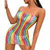 MINGSEECESS Costume da bagno sexy da donna a righe arcobaleno a rete trasparente costume da bagno bikini copricostume da bagno rave, festival abiti, Senza maniche, colorato, Taglia Unica
