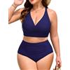 FemiChic Costume Donna Due Pezzi Taglie Forti Vita Alta Costumi da Bagno Pancia Piatta Bikini Incrociato per Mare Piscina Curvy Swimwear L-4XL (Blu Navy,XL)