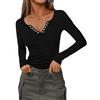 Totatuit Maglietta a Maniche Lunghe Donna Cotone Scollo a V con Occhielli Maglia a Coste Top Basic Elasticizzato Sexy Elegante Slim Fit Camicetta per Primavera Autunno Quotidiano Ufficio Festa