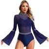 inhzoy Body da Ginnastica e Danza Classica Donna Manica Svasata Body da Balletto Ballo Latino Americano con Strass Leotards Jumpsuit Tutina Bodysuit da Pattinaggio Artistico Blu scuro M
