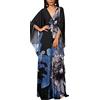 JFAN Copricostume Donna Mare Lungo Scollo a V Maxi Abito Lungo da Spiaggia Caftano Mare Copricostumi da Bagno per Donna(Stampa Nera,Taglia Unica)