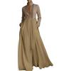 Generic Maxi abito da donna elegante cotone lino patchwork camicia abiti monopetto collo alto manica lunga prendisole tinta unita abiti lunghi con tasche elegante estate spiaggia formale abito da ballo