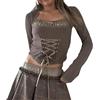 Owegvia Top corto estetico da donna Y2K a maniche lunghe da fata top corto anni '90 E-Girl t-shirt fata grunge pizzo crop top, Grigio 01., S