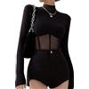 QKEPCY Donna Maglietta a Maniche Lunghe Crop Top Basic Top Trasparente Camicia Mesh Tops Sexy Manica Lunga Maglietta Trasparente Blusa Tops Slim Fit T Shirt in Tulle (S)