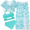 AIEOE Set 4 Pezzi Tie-Dye Costume Nuoto Ragazze Bambine Bikini Protezione Solare Set Swimwear con Gonna Lunga 8 Anni Verde B