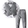 FEESHOW Bambini Bimbo Completo Elegante per Bambini Set da Gentiluomo Farfalla Camicia A Maniche Lunghe Gilet Pantaloni Set per Matrimonio Battesimo Festa Outfit Grigio 3-4 Anni