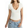 Tomwell Maglietta da donna con scollo a V profondo, a maniche corte, sexy, slim fit, crop top, maglietta basic Going Out, bianco, XS