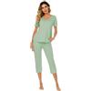 Ietaoo Pigiama Donna,Completo Sportivo Donna Tute da Ginnastica Estiva Cotone 2 Pezzi Homewear Manica Corta T Shirt+ 3/4 Pantaloni Tute Sportiva Casa Pigiama Set Verde XXL