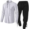 Generic Gilet Medievale da Uomo - Set di Abbigliamento Con Camicia di Lino, Pantaloni Con Cinturino alla Caviglia - Tuta Sabbia, Bianco, S